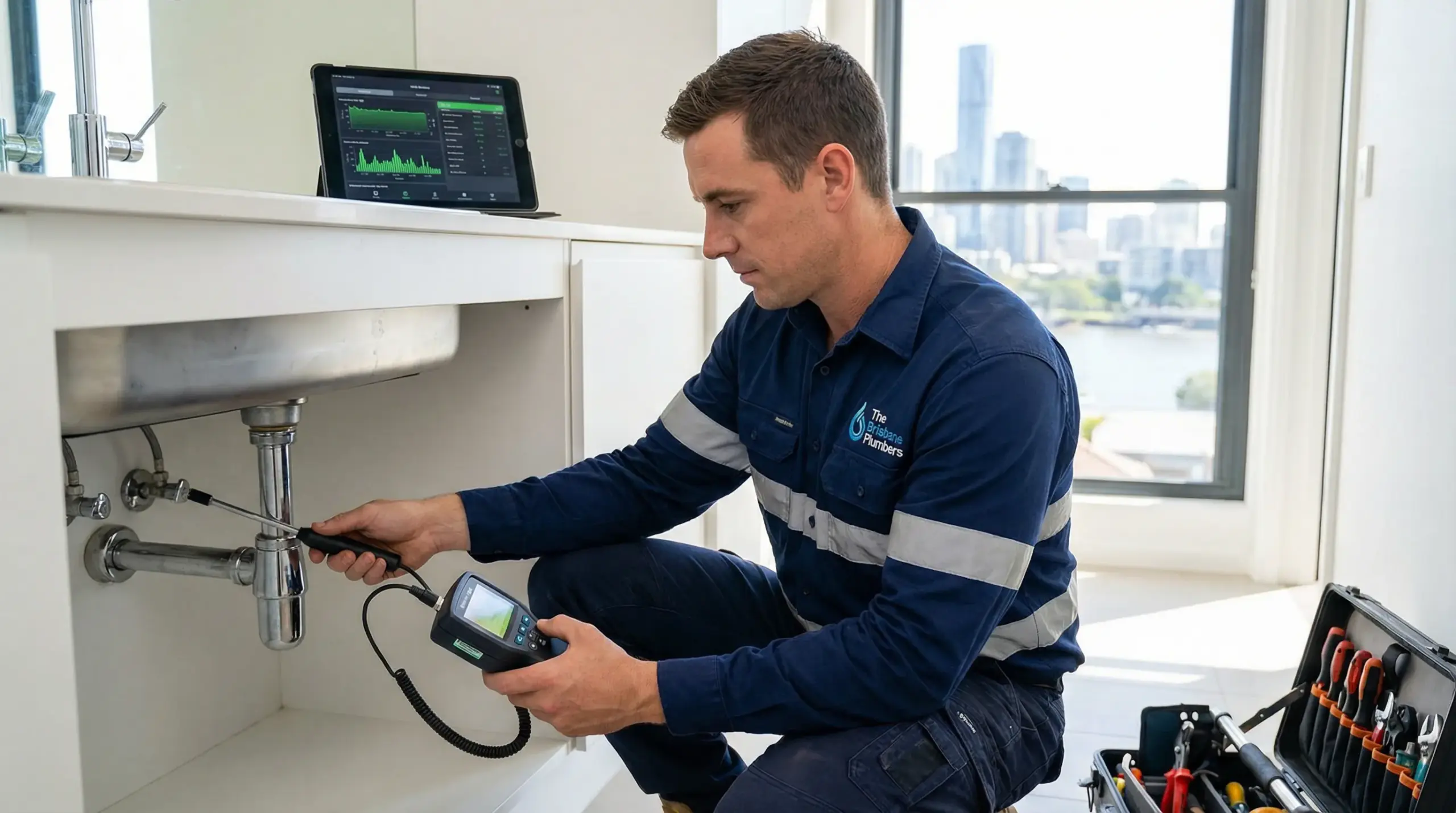 professional plumber with leak detector in a modern brisbane home 1