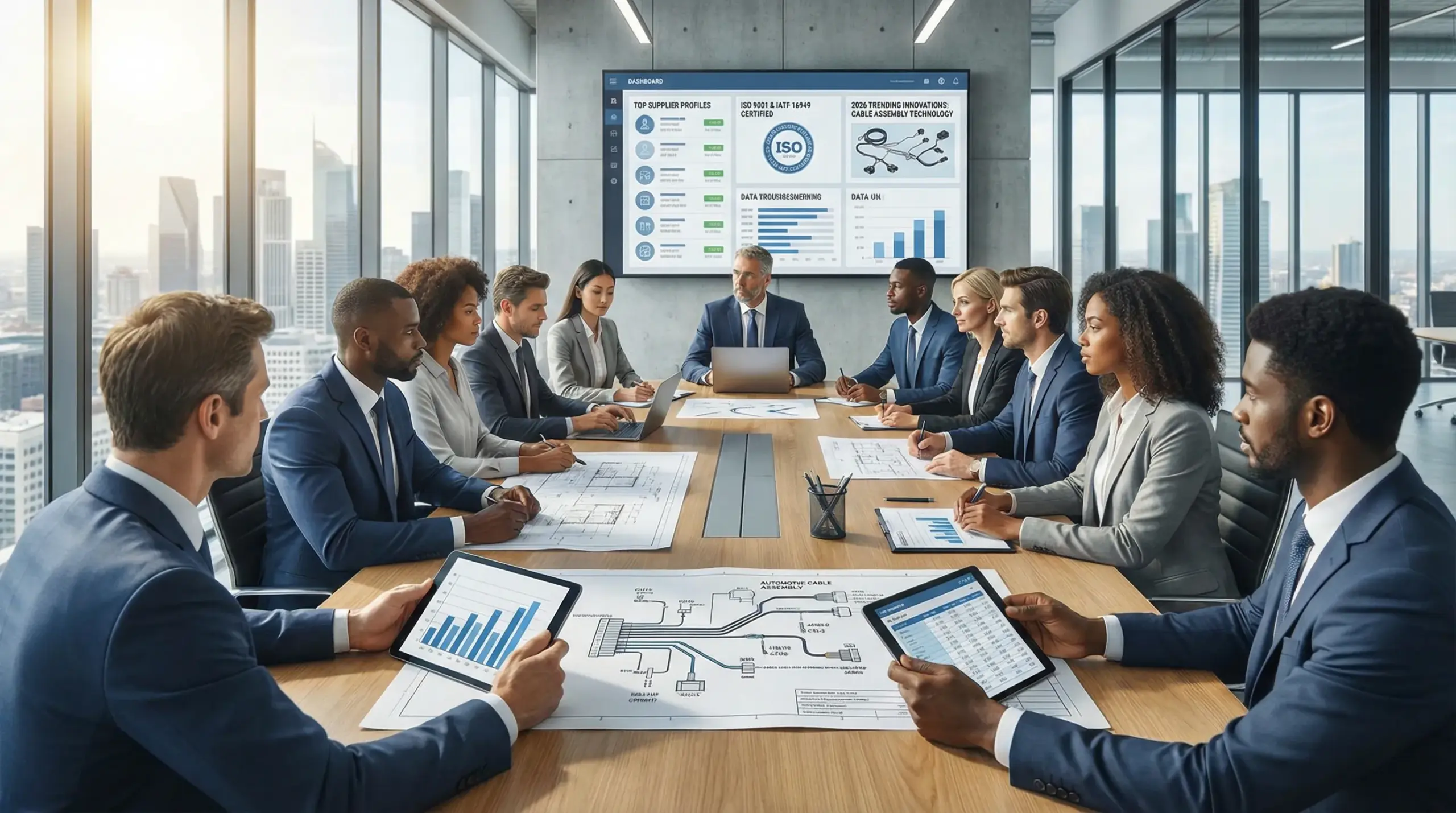 executives reviewing automotive cable assembly diagrams in a modern conference room