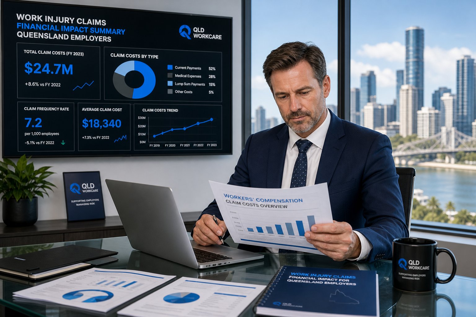 business executive reviewing workers compensation documents in modern office